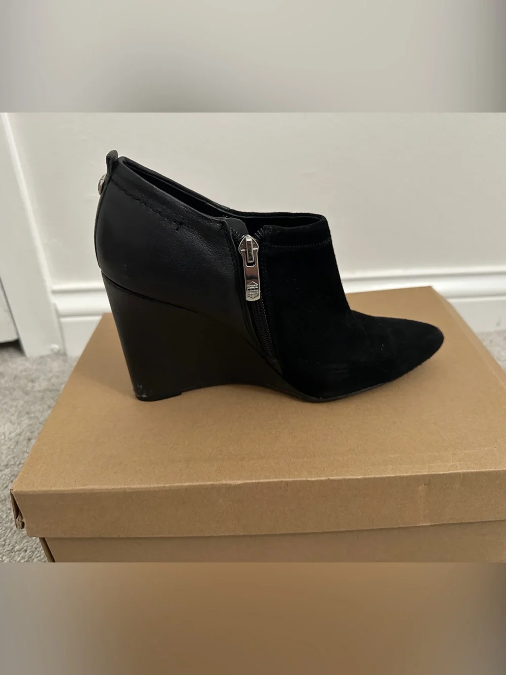 Vince Camuto Black Suede & Leather Wedge Ankle Booties